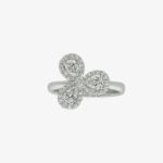 Elegant white gold ring with three pear-shaped diamond clusters in floral design, Venezia collection by Leo Pizzo.