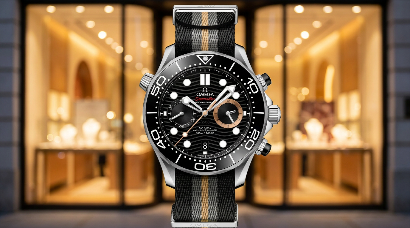 Omega Seamaster Diver 300M Chronograph 007 First Light, ambiente de boutique de alta relojería