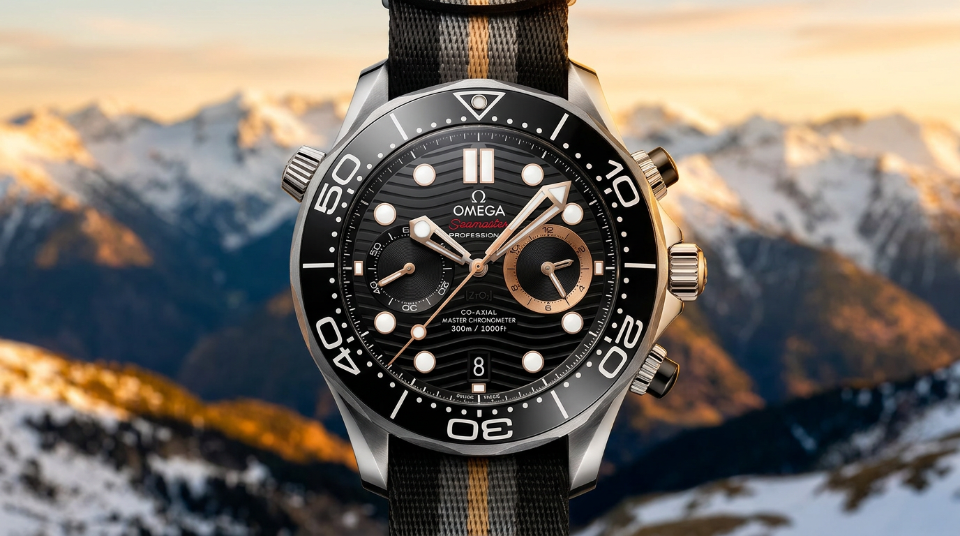 Omega Seamaster Diver 300M Chronograph 007 First Light con fondo de montaña de Andorra