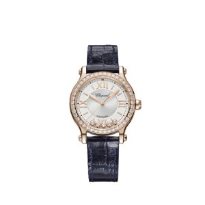 Chopard Happy Sport 33mm rose gold diamond watch with blue strap