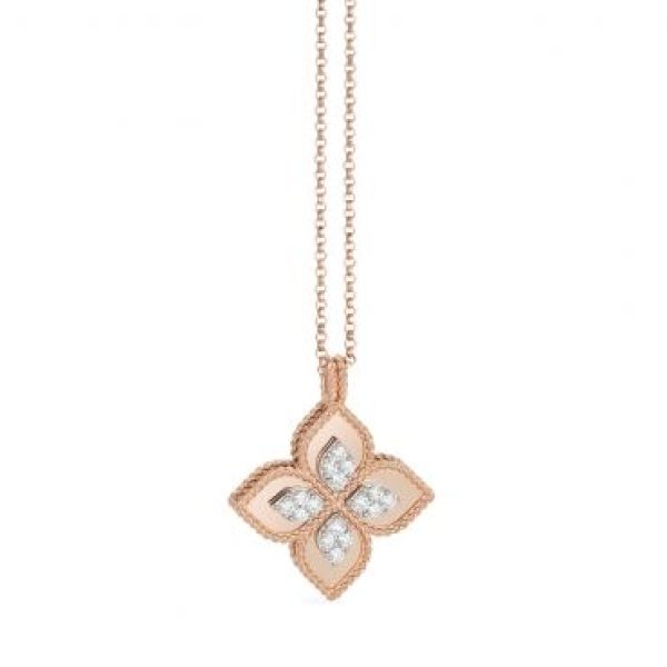 Long necklace 18K rose gold & diamonds & princess flower Roberto Coin