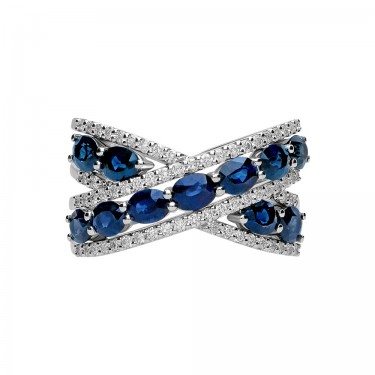 Crossed ring in 18 kt white gold & Blue Sapphires Diamonds Leopizzo