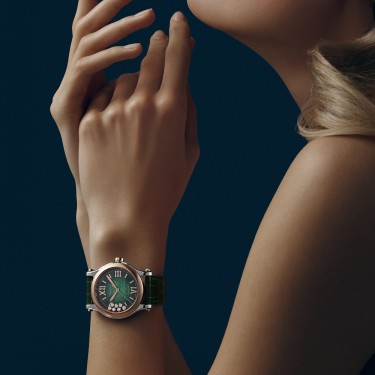 Rose gold steel watch green mother-of-pearl diamonds Happy Sport Chopard   