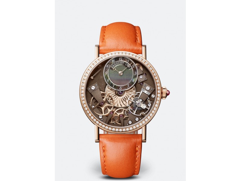 Pink gold watch diamonds orange leather Tradition Dame Breguet