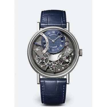 Reloj oro blanco & piel azul segundero retrógrado Tradition Breguet