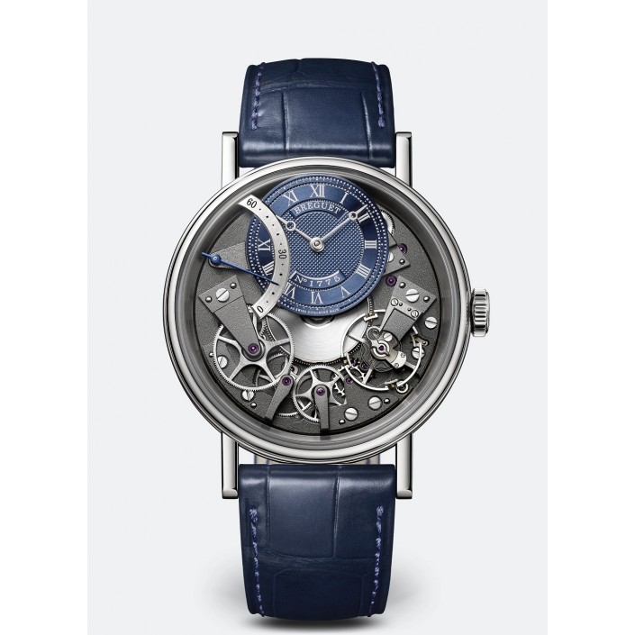 Reloj oro blanco & piel azul segundero retrógrado Tradition Breguet