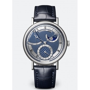 WHITE GOLD WATCH & LEATHER DATE-POWER RESERVE-PHASES AND AGE OF THE MOON CLASSIQUE BREGUET 7137 