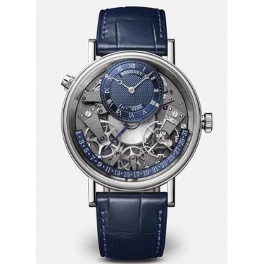 White gold & blue leather watch retrograde date Tradition Breguet