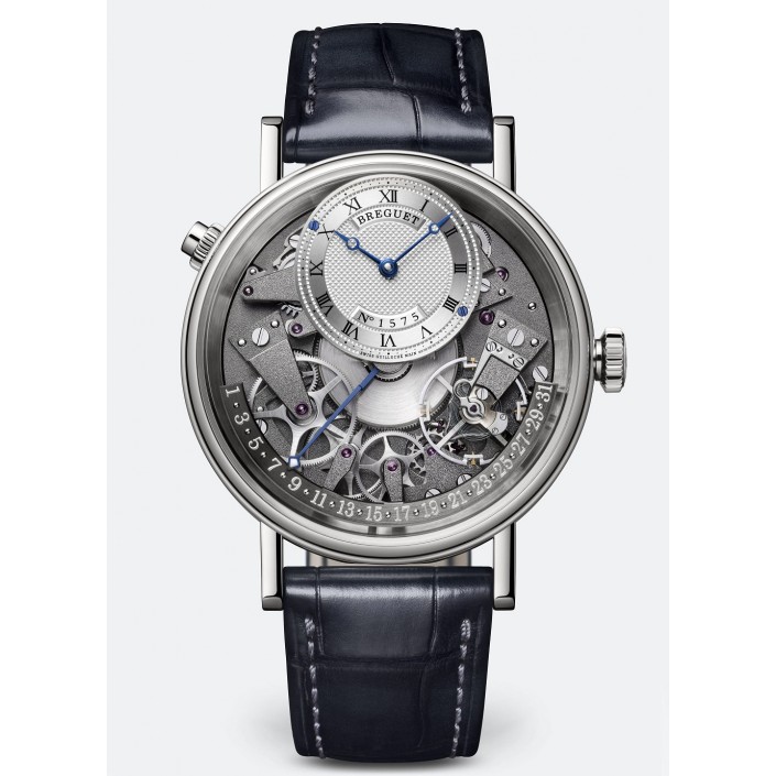 White gold & black leather watch retrograde date Tradition Breguet