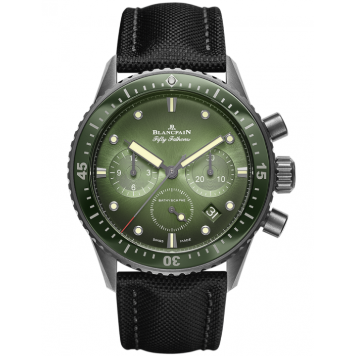 Black ceramic watch green dial chronograph flyback Fifty Fathoms