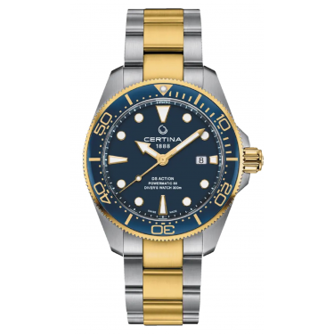 STEEL WATCH & YELLOW GOLD PVD BLUE DIAL 43MM DS ACTION DIVER POWERMATIC 80 NIVACHRON CERTINA