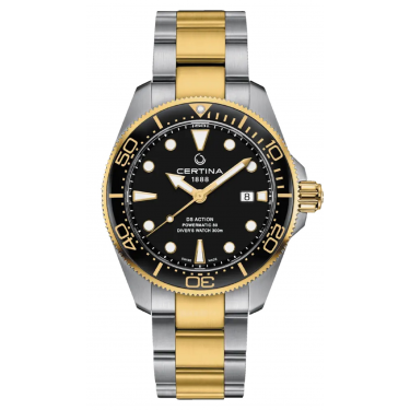 STEEL WATCH & YELLOW GOLD PVD BLACK DIAL 43MM DS ACTION DIVER POWERMATIC 80 NIVACHRON CERTINA