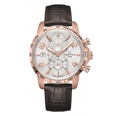 STEEL PVD ROSE GOLD WATCH GRAY DIAL & LEATHER AUTOMATIC CHRONOGRAPH DS PODIUM CERTINA C03442SPVDL 