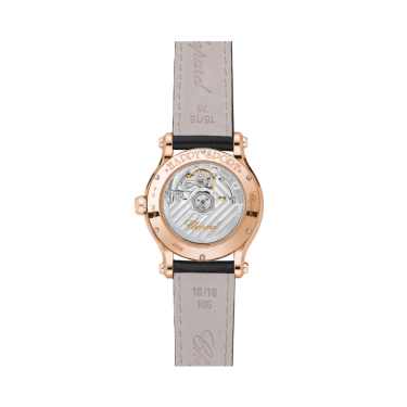 Chopard Happy Sport 36mm rose gold diamond watch with black strap