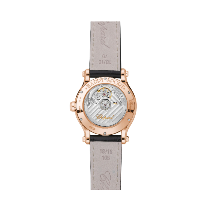 Chopard Happy Sport 36mm rose gold diamond watch with black strap