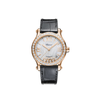 Chopard Happy Sport 36mm rose gold diamond watch with black strap