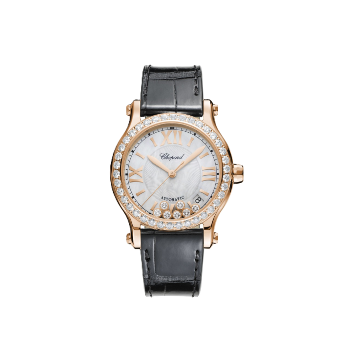 Chopard Happy Sport 36mm rose gold diamond watch with black strap