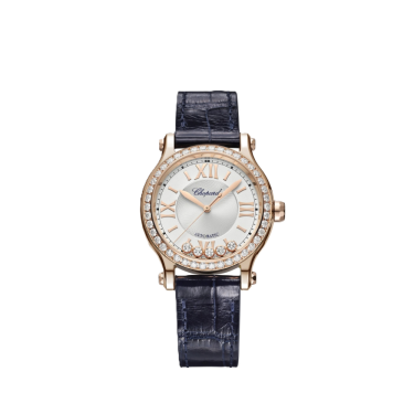 Chopard Happy Sport 33mm rose gold diamond watch with blue strap