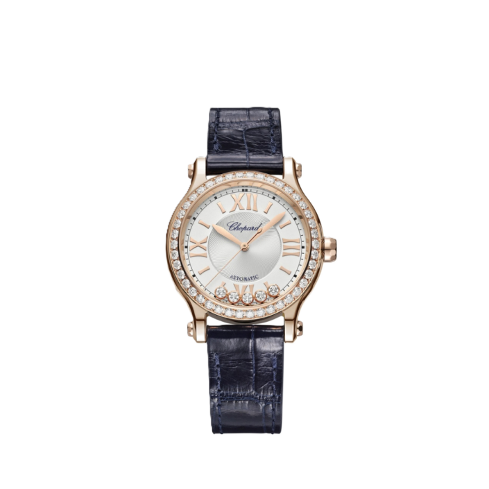 Chopard Happy Sport 33mm rose gold diamond watch with blue strap