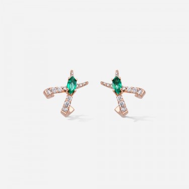 Rose Gold 18 kt Cross Earrings & Diamonds-Emerald Jardín de Aire Gold & Roses