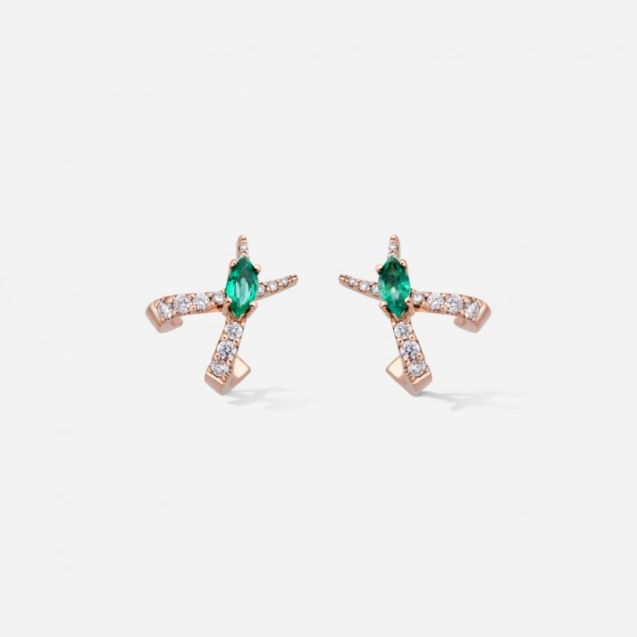 Boucles d'Oreilles Croix Or Rose 18 kt & Diamants - Emerald Jardín de Aire Gold & Roses