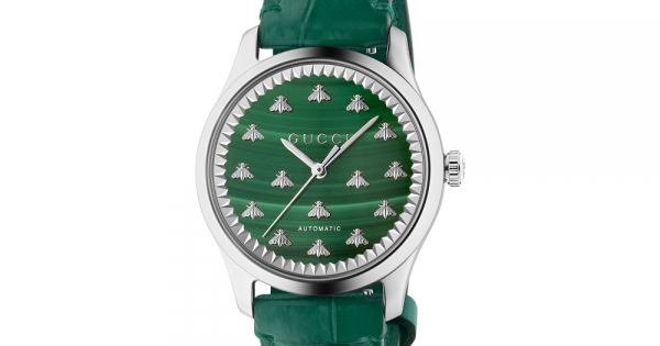 Gucci G-Timeless Automatic Watch: Green Malachite Dial, Crocodile