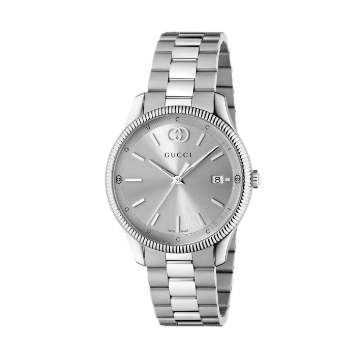 Gucci G‑Timeless 38 mm — Reloj de acero con esfera plateada