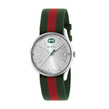 Gucci G‑Timeless 38 mm — Reloj de acero con esfera plateada y correa de nylon