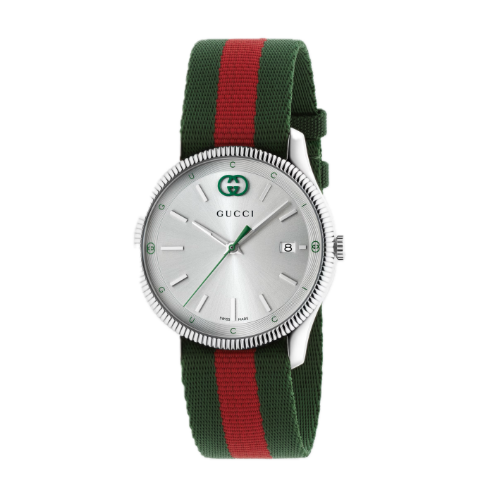 Gucci G‑Timeless 38 mm — Reloj de acero con esfera plateada y correa de nylon