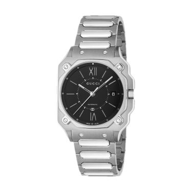 Gucci G‑Flat 36 mm — Reloj de acero con esfera negra y numeración romana