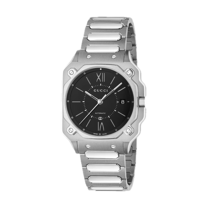 Gucci G‑Flat 36 mm — Reloj de acero con esfera negra y numeración romana