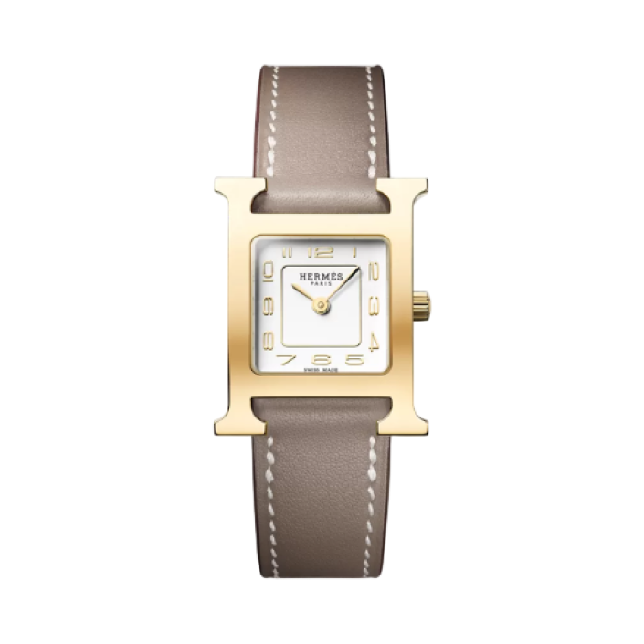 Hermès Heure H Small 21–25mm Watch with Opaline Dial and Étoupe Swift Leather Strap