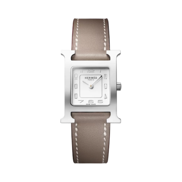 Hermès Heure H Small 21–25mm Watch with Opaline Dial and Étoupe Swift Leather Strap