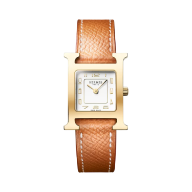 Hermès Heure H Small 21 x 25mm Watch with Opaline Dial and Gold Chesnut Epsom Leather Strap