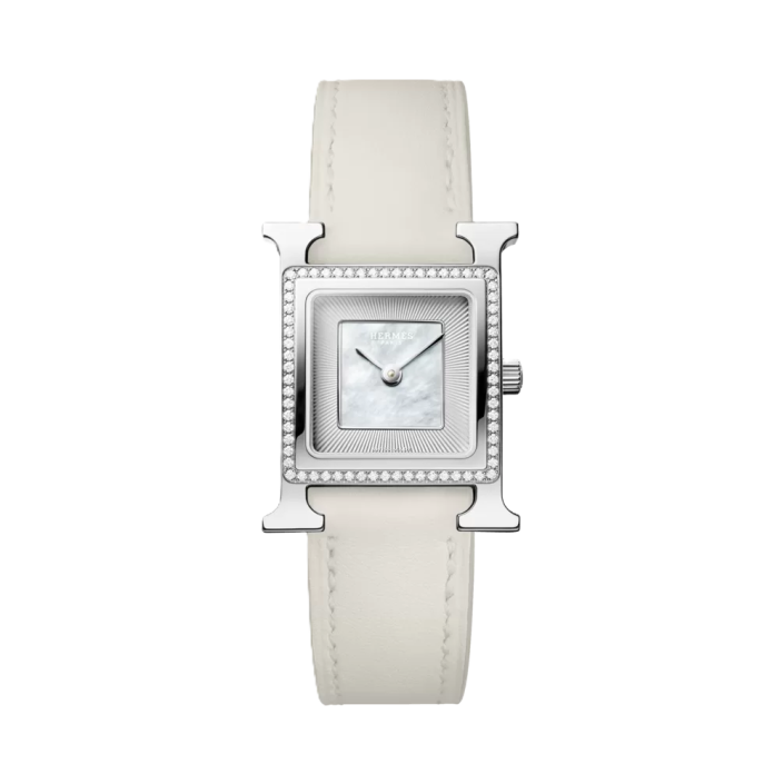 Hermès Heure H mother-of-pearl diamond watch with pearl grey strap 25 mm