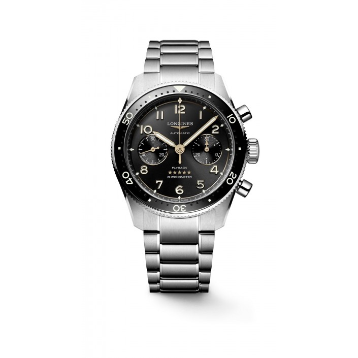 Steel watch with black dial flyblack chronograph Longines