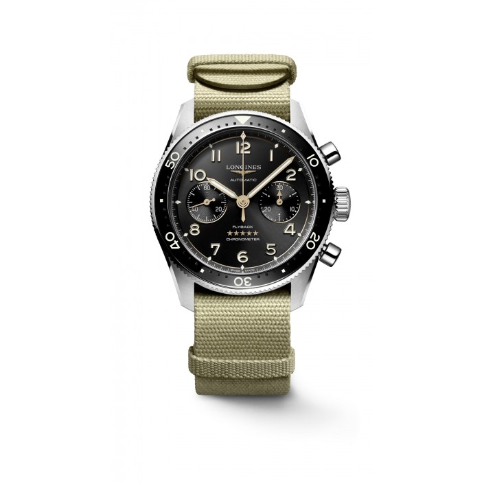 Steel watch with black dial Nato chronograph flyback Longines