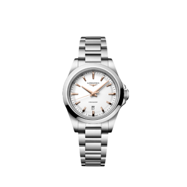 Longines Conquest Quartz 30 mm with White Sandblasted Dial, Pink Hands and Stainless Steel Bracelet