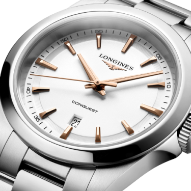 Longines Conquest Quartz 30 mm with White Sandblasted Dial, Pink Hands and Stainless Steel Bracelet