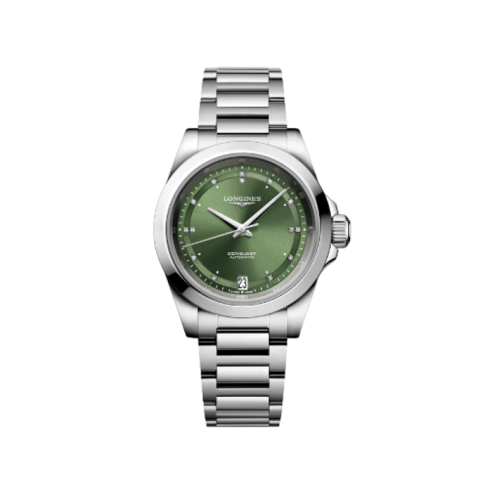 Longines Conquest Automatic 34 mm amb Esfera Sunray Green amb Diamants i Braçalet d’Acer
