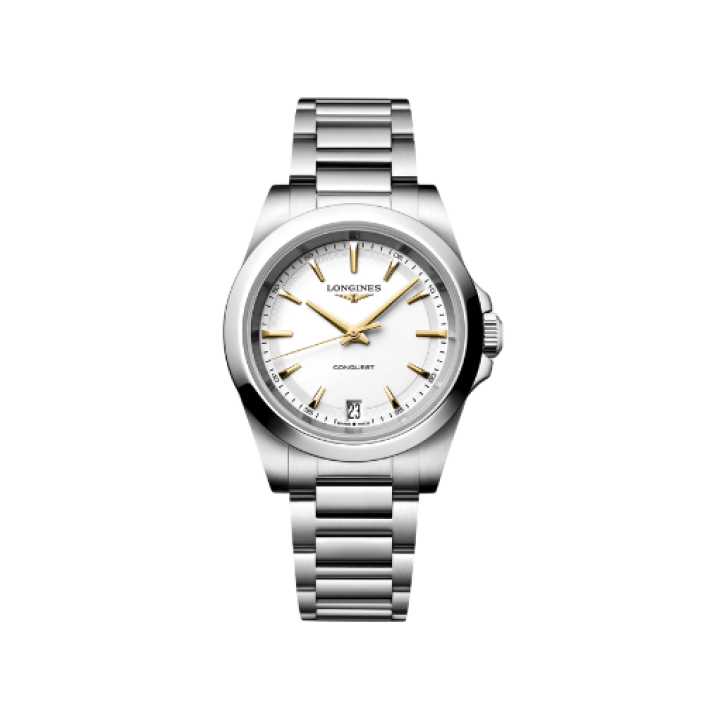 Longines Conquest Quartz 34 mm with White Sandblasted Dial, Gold Hands and Stainless Steel Bracelet