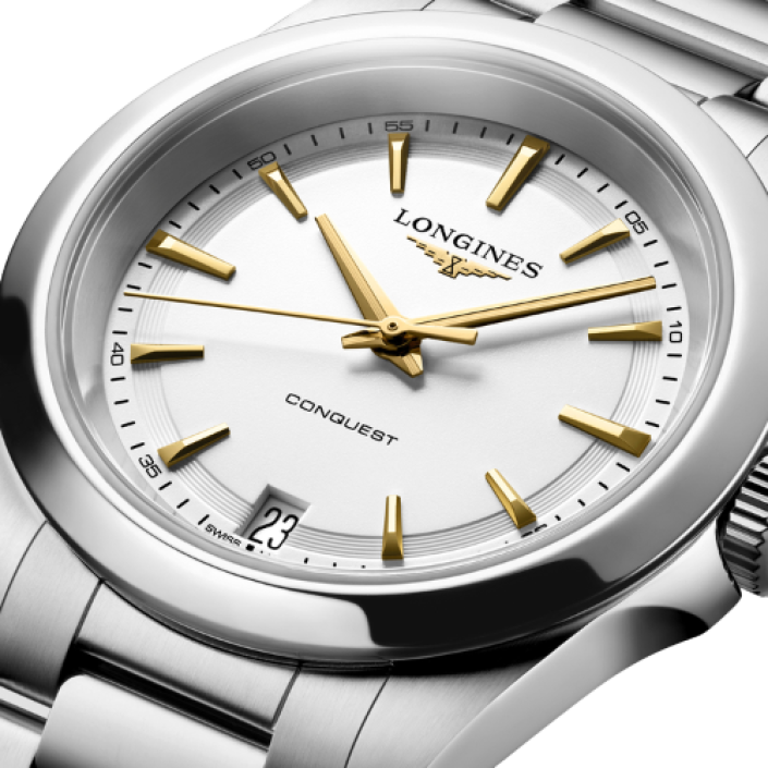 Longines Conquest Quartz 34 mm with White Sandblasted Dial, Gold Hands and Stainless Steel Bracelet