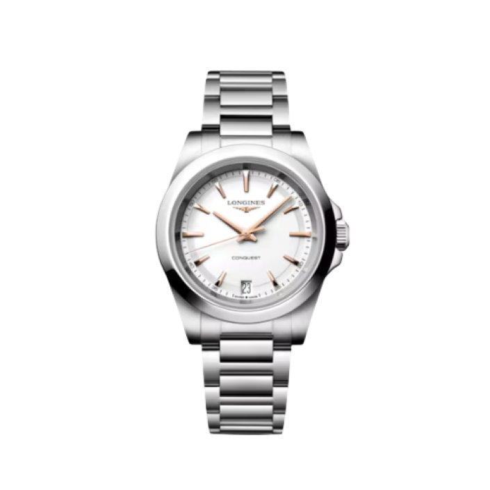 Longines Conquest Quartz 34 mm avec Cadran Blanc Sablé, Aiguilles Roses et Bracelet en Acier Inoxydable