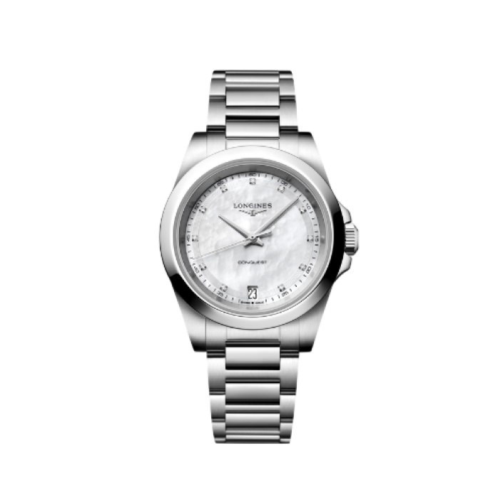 Longines Conquest de Quars 34 mm amb Esfera de Nacre i Diamants i Braçalet d'Acer Inoxidable