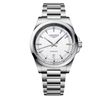 Longines Conquest Quartz 41 mm avec Cadran Blanc Sablé et Bracelet en Acier Inoxydable
