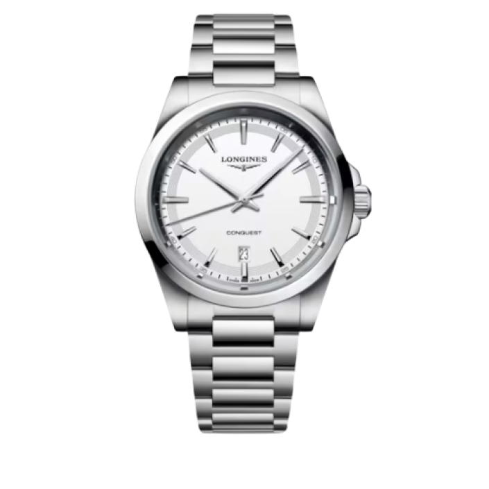 Longines Conquest Quartz 41 mm avec Cadran Blanc Sablé et Bracelet en Acier Inoxydable