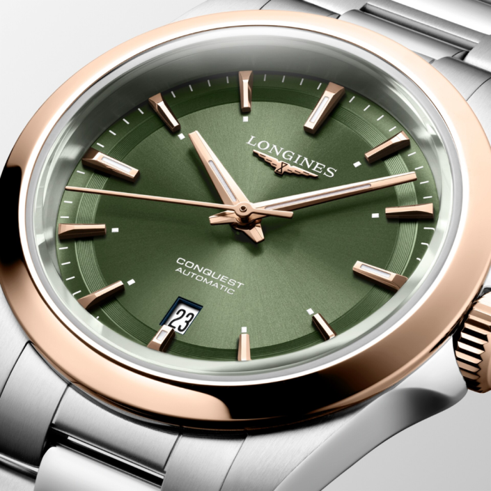 Montre Conquest en acier inoxydable et feuille d'or rose 200 microns 30 mm Longines