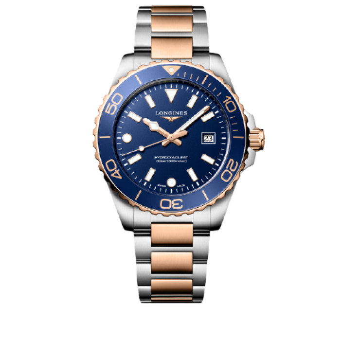 Longines HydroConquest Quartz 42 mm amb Esfera Blava Arenada, Agulles Rosa i Acer amb PVD Vermell