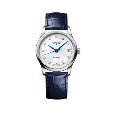 Longines Master Collection Automatic 34 mm Mother-of-Pearl Diamond Dial Blue Alligator Strap