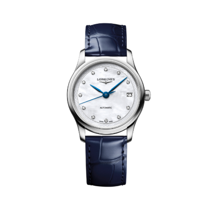 Longines Master Collection Automatic 34 mm Mother-of-Pearl Diamond Dial Blue Alligator Strap